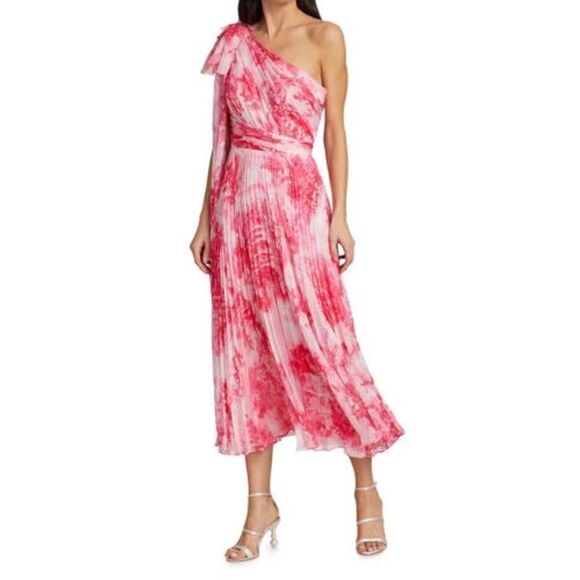 Marchesa one shoulder printed chiffon pleated dress pink US8 - Picture 5 of 10